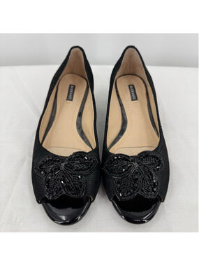 Alex Marie Black Low Wedge Shoes Leather Beaded Butterfly Peep Toe Wedge Heel 7